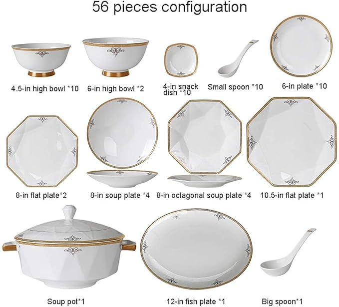 Dinnerware Sets - Luxury Gift Dishes Service Set Ceramics Dinnerware Set with 56 Pieces Bowl/Dish/Soup Pot/Spoon|Bone China Dinner Sets Octagonal Fold Design Porce