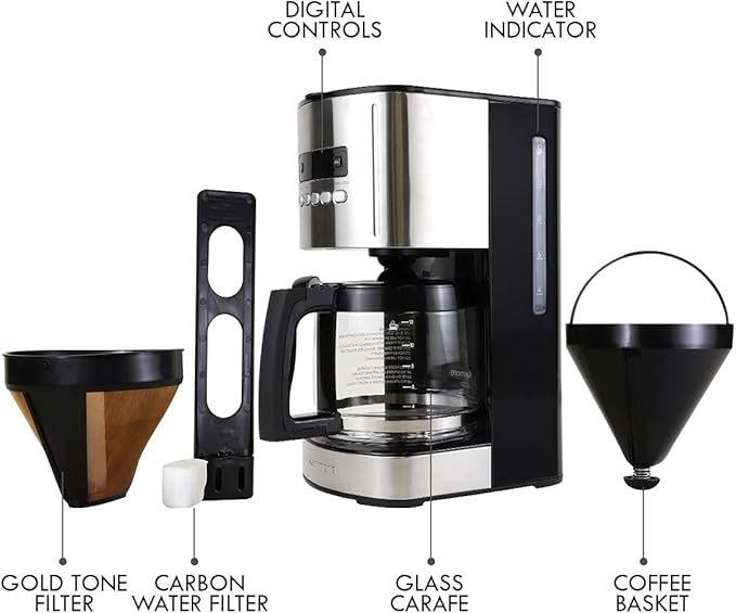 Kenmore Drip Coffee Maker - 12 Cup Programmable Cafe Machine With Glass Pot Regular &amp Bold Brew Auto Shut Off Large Water Reservoir Reusable Filter Kitchen Appliances Black