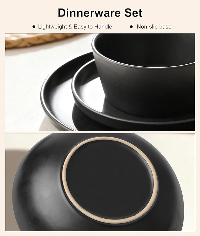 16 Pieces Ceramic Dinnerware setPlates and Bowls Sets for 4Black Dinnerware Set for Kitchen Modern Design Plate Sets with Black Rim Microwave and Dishwasher Safe