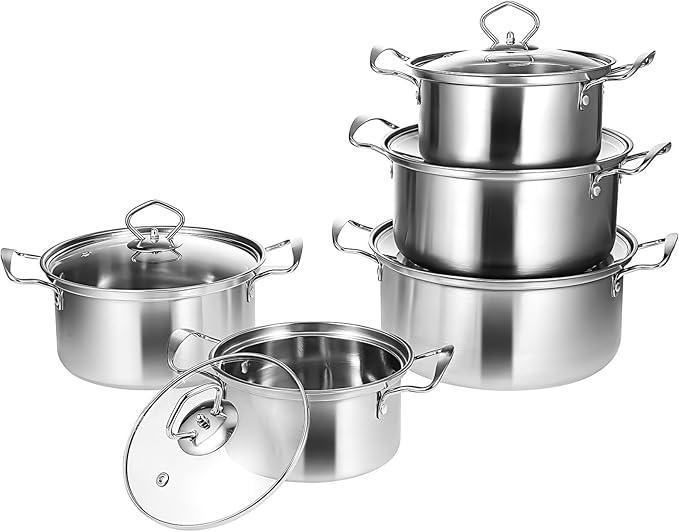 5-piece Stackable Pot Sets with Tempered Glass Lids Stainless Steel Cookware Pot Sets with Double Handles Compatible with Induction Electric Gas Cooktops/152 464895