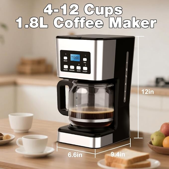 12-Cup Programmable Coffee Maker Regular &amp Strong Brew Drip Coffee Machine for Home and Office Glass Carafe Pause &amp Serve Auto Shut Off Gray &amp Stainless Steel (Black)
