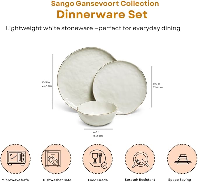 Sango 12-Piece Lightweight Porcelain Dinnerware Set for 4 Glossy Vanilla White Plates and Bowls Sets Gold Rims Farmhouse Ceramic Dish Set Rustic Dishes Microwave and Dishwasher Safe Gansevoort