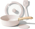 Nonstick Cookware Set with Detachable Handle 3 Pans Glass Lid Spatula Trivet Space-Saving Stackable Design (5pcs White)