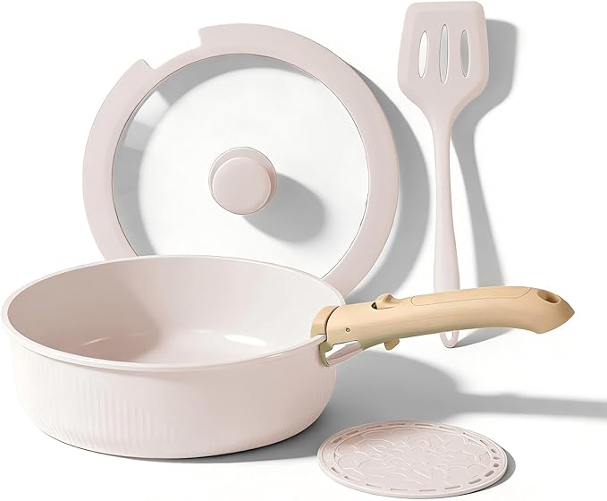 Nonstick Cookware Set with Detachable Handle 3 Pans Glass Lid Spatula Trivet Space-Saving Stackable Design (5pcs White)