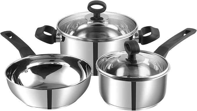Vinod Stainless Steel Induction Friendly Trento Cookware set-3-Pieces Saucepan (16cm/1.5 Litre) 1- Piece Saucepot (20 cm/ 3 Litre) 1- Piece Deluxe kadai(20 cm/ 1.5 Litre)