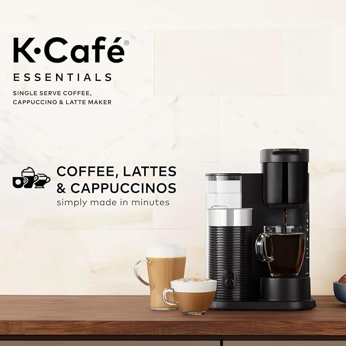 Keeurig K-Café Single Serve Coffee Maker Built-In Milk Frother Latte &amp Cappuccino Brewer Espresso Shot 3 Brew Sizes 42 oz Water Reservoir Travel Mug Friendly Compact Design (Black 42oz)
