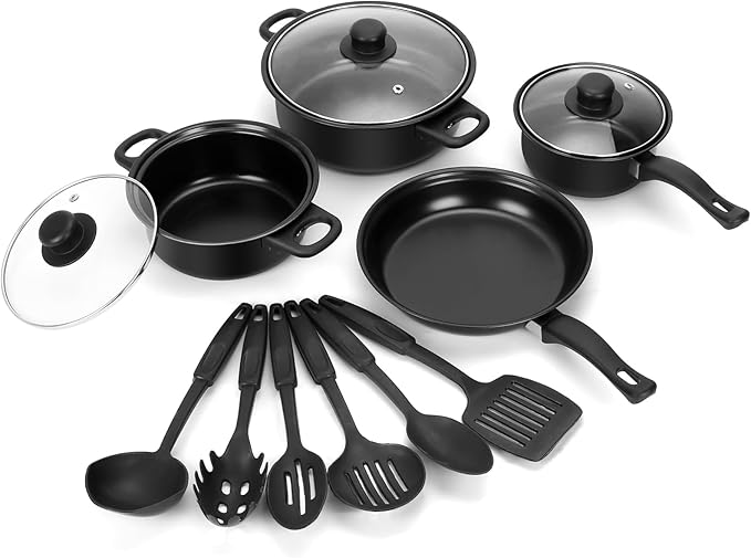 Non-Stick Cookware Set 13 Piece Set Portable Lightweight Cast Iron Pots and Pans with Glass Lids and Nylon Utensils for Outdoor Camping Picnic Travel Cookware Black