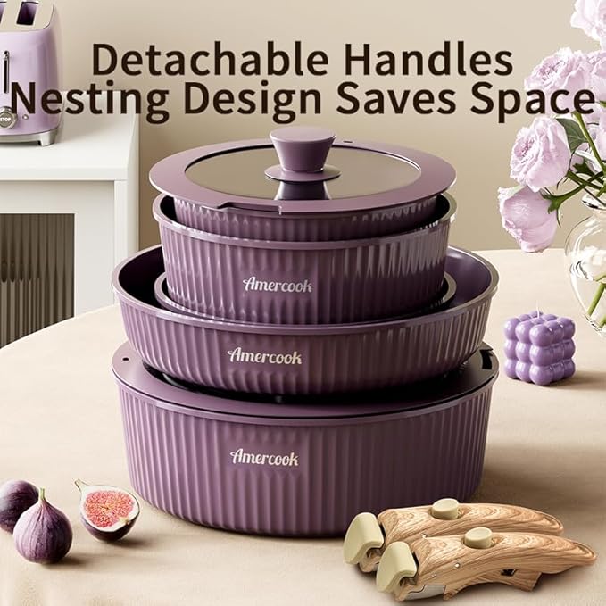 Amercook detachable nesting cookware non-stick versatile pot set kitchen-specific cookware set for home use Twilight Purple nine-piece set