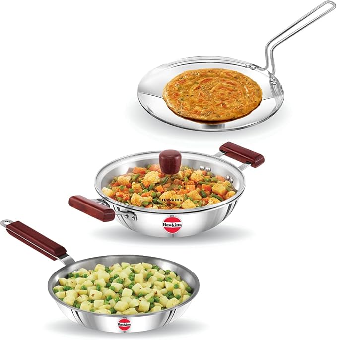 Hawkins Triniti 3 Pieces Triply Stainless Steel Cookware Set 2 - Frying Pan Tava Deep-Fry Pan with Glass Lid Silver (SSET2)