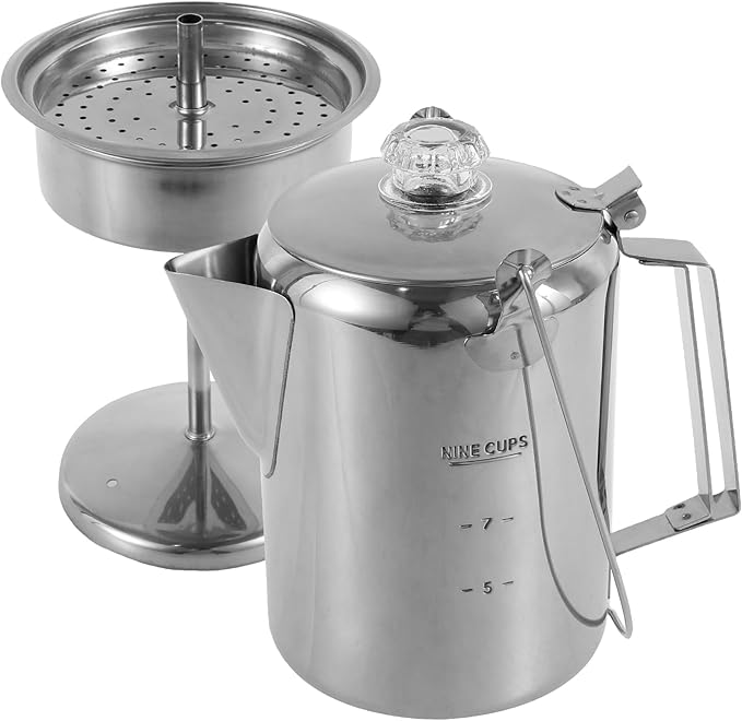 Percolator Coffee Pot Stainless Steel Camping Coffee Pot Outdoor Stovetop Coffee Maker with Clear Top Glass Knob 9 Cups Coffee Percolator for Group Camping Hiking Backpacking Travel
