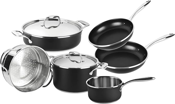 MAGEFESA Prisma 8-Piece Stainless Steel Cookware Set – Durable Pots &amp Pans with Nonstick Interior Matte Black Exterior Oven Safe up to 392°F