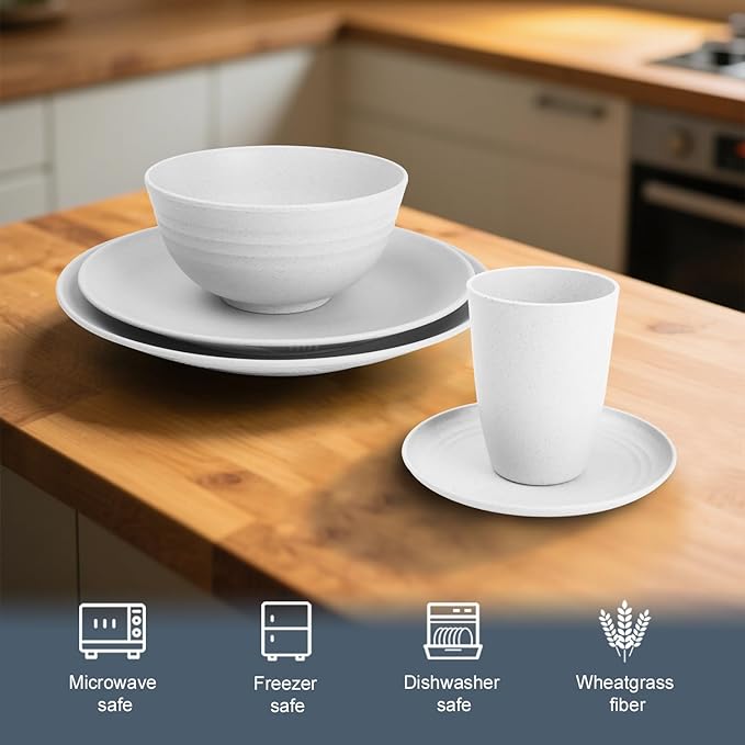 Wheat Straw Dinnerware Sets - 40 PCS Unbreakable Plates and Bowls Sets Service for 8 Kitchen Dishes Set Dinner Plates Cereal Bowls Cups Set Camping Dish Dishwasher &amp Microwave Safe - White