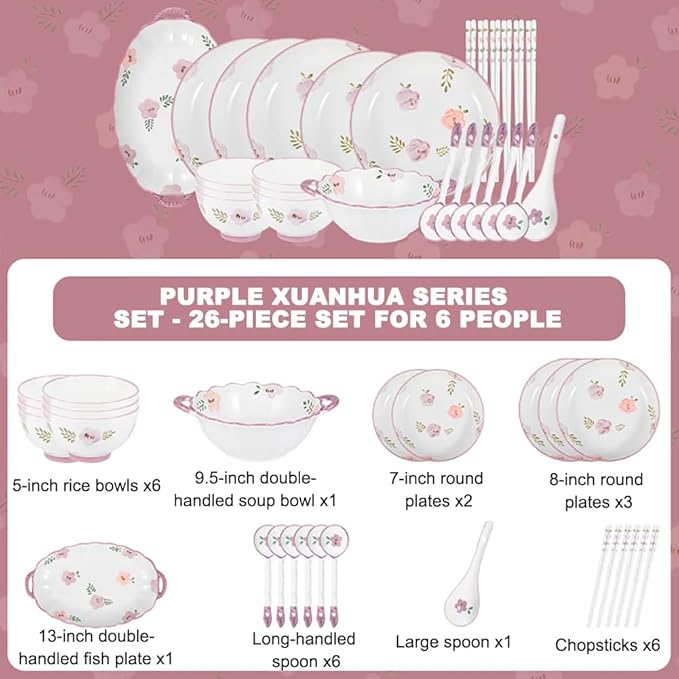 Modern Dinnerware Set Ceramic Plate And Bowl Set Serves 4-10 Purple Floral Dinnerware Set Dinner Salad Dessert Plate And Cereal Bowl SetB