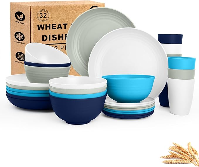 Wheat Straw Dishes Sets for 8 Reusable Plastic Dinnerware Sets 32-Piece Plates Set Bowls Set Tumblers Microwave Safe Plate and Bowl Set for DinnerKitchen Camping - Island Series