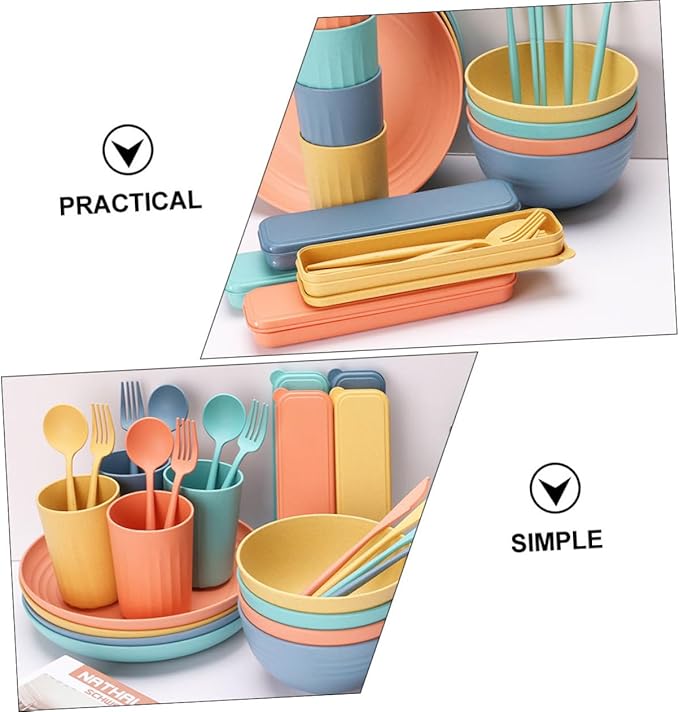 4sets Portable Cutlery Set Straw Bowl Cup Plate Farmhouse Dinnerware Wheatstraw Dinnerware Set