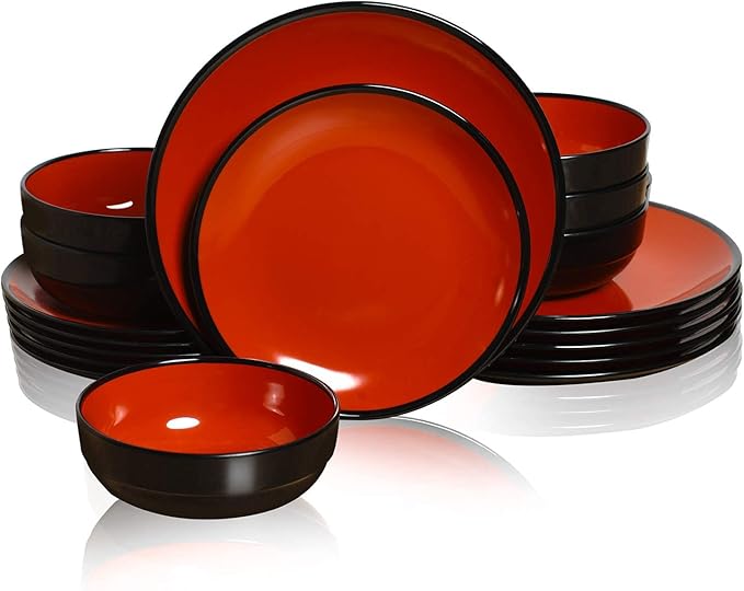 TP 18-Piece Dinnerware Set Melamine Dishes Set with Bowls and Plates Service for 6 Non-breakable Lightweight Dining Tableware Black and Red