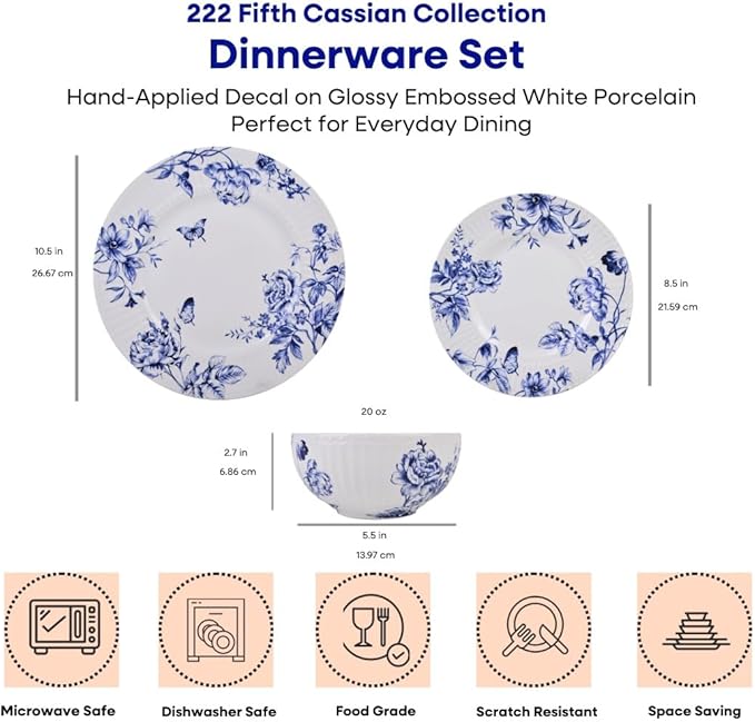 222 Fifth 12-Piece Porcelain Dinnerware Set for 4 White &amp Blue Plates and Bowls Set Glossy Ceramic Dish Set with Embossed Toile Pattern Elegant Kitchen Dishes Microwave &amp Dishwasher Safe