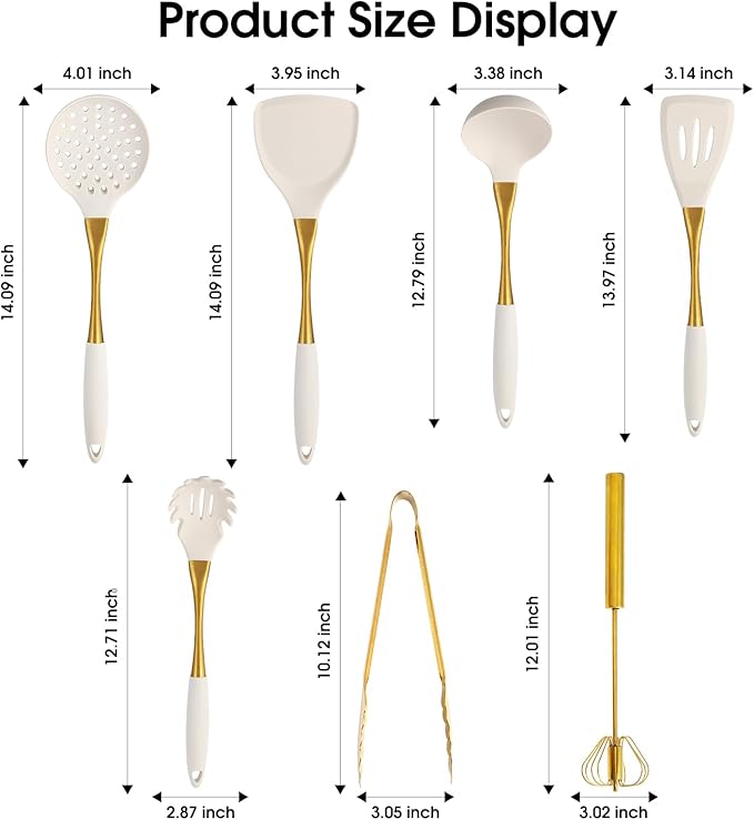 Elegant White Gold Silicone Cooking Utensils Set - Non-Toxic Dishwasher Safe Kitchen Utensils Set with Heat Resistant Comfort Handles - Includes Spatula &amp Spoon for Nonstick Cookware