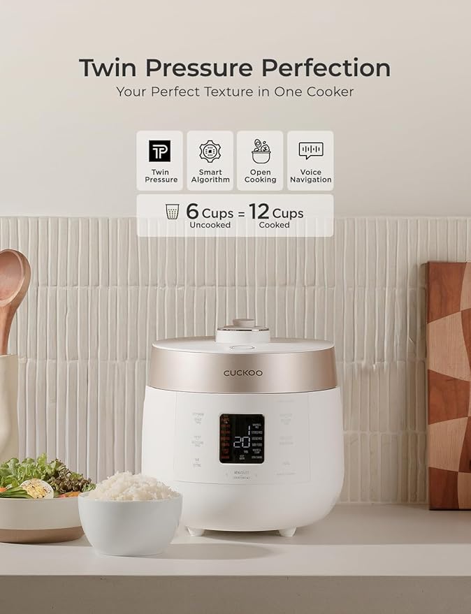 CUCKOO Twin Pressure Rice Cooker 6-Cup Uncooked / 12-Cup Cooked with Nonstick Inner Pot Versatile Rice Maker &amp Warmer with 16 Menu Options Open Cooking Mode Voice Guide White (CRP-ST0609FW)