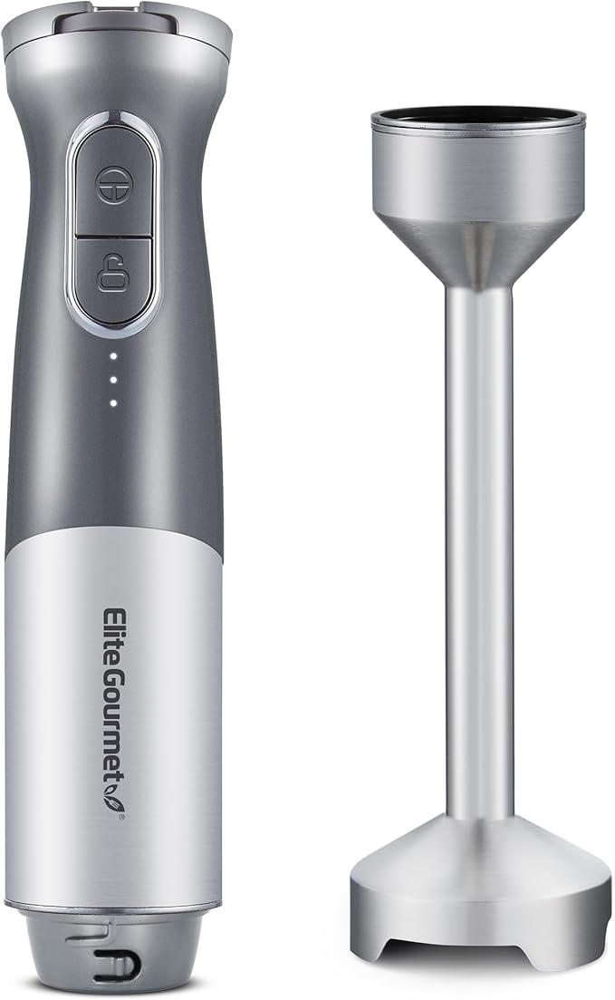 Elite Gourmet EHB1300 Cordless Rechargeable Hand Blender Variable Speed Blending with One-Touch Power Button Stainless Steel Blades Portable Easy Control Stick Mixer Baby Food Charcoal Grey