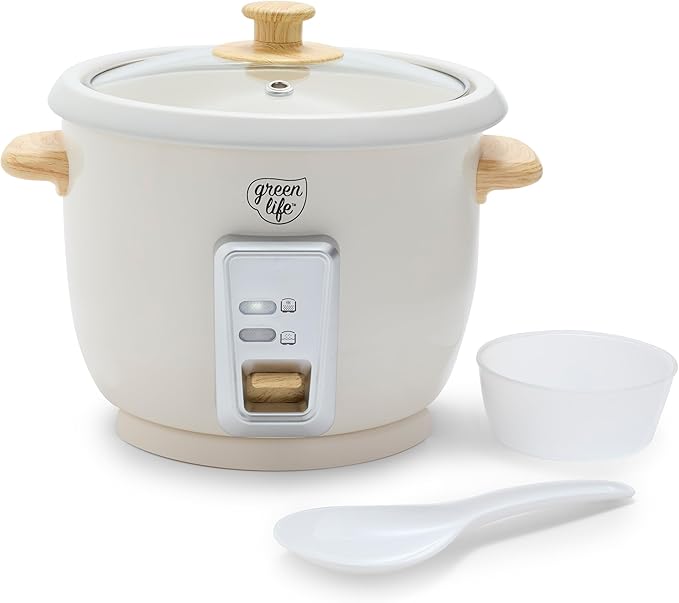 GreenLife Rice Cooker with Removable PFAS-Free Ceramic Nonstick Pot 3-Cups Uncooked/6-Cups Cooked Grains &amp Oatmeal Multicooker Compact One-Switch Design Auto Keep Warm Easy Clean Cream