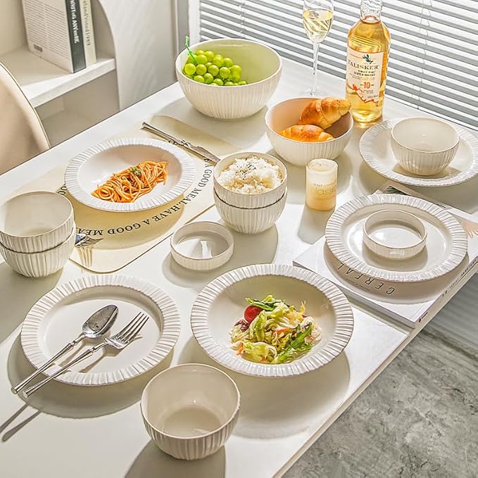 12-Piece White Ceramic Dinnerware Set - Rhine Series Service for 4 Includes Bowls Flat &amp Deep Plates Microwave &amp Dishwasher Safe
