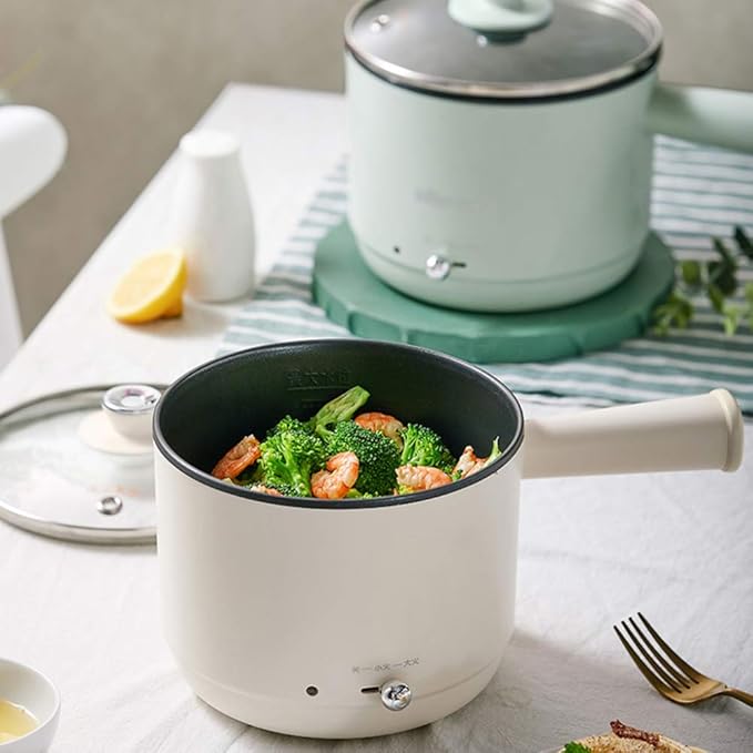 Cooking Pot Multifunction Electric Skillet Non-Stick Dormitory Small Hot Pot Noodles Rice Cooker Soup Pot Long Handle Two-Gear Power Mini Heating Pan(Green)