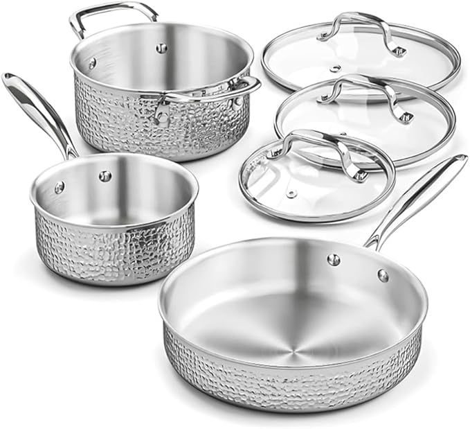 Stainless Steel Hammered Pots and Pans Set with Glass Lid 6Pcs Cookware Set Kitchen Induction Cooking Pot and Pan SetHoneycomb 7PcsA-Hammered 6pcs-A