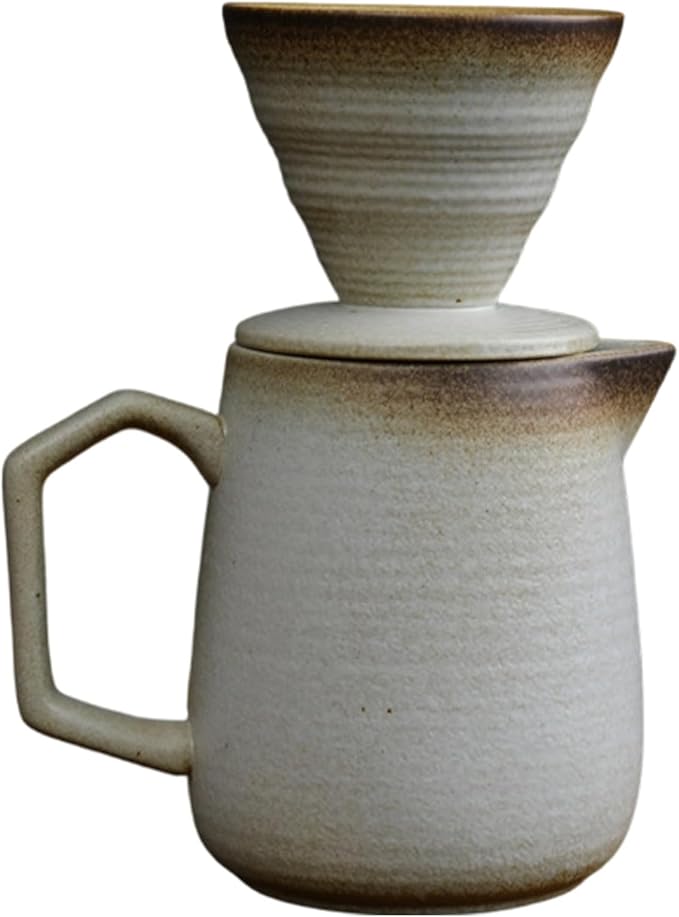Stone Ceramic Pour Over Coffee Maker Beige 20 Fl Oz Capacity 3.5 In Filter Cup Vintage Style Enhances Flavor