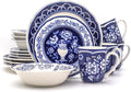 Euro Ceramica Blue Garden 16 Piece Oven Safe Hand Painted Stoneware Dinnerware Set Service for 4 Bold Vase Design/Floral Pattern White and blue