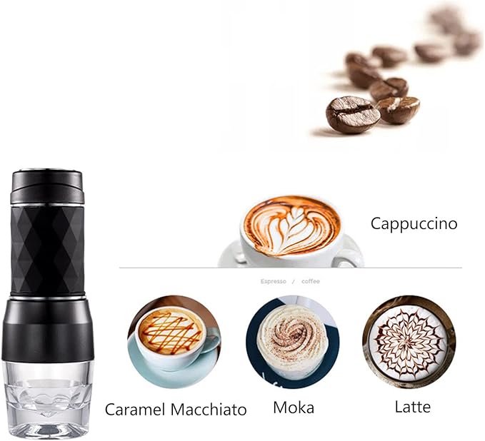 Maual Hand Coffee Maker Portable Travel Coffee Machine Compatible Ground Coffee and Coffee Capsule for Camping Hiking Fishing Picnicking(Black)