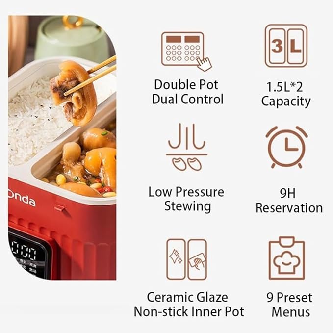 3-Liter Double-Pot Rice Cooker Ceramic Glazed Non-Stick Inner Pot Dual Independent Temperature Control 9 Cooking Functions Microwave Pressure Cooking.