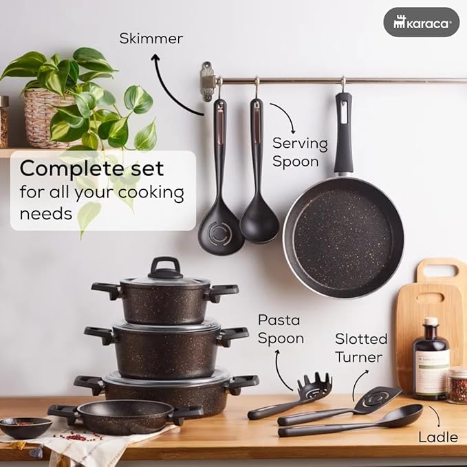 Karaca Blackgold Biogranite Cookware Set with Kitchen Utensil Set 13 Pcs 5 Cookware Pot and Pan with Lids 5 Utensils Non-Stick Coating Convenient Dishwasher Safe Easy to Clean