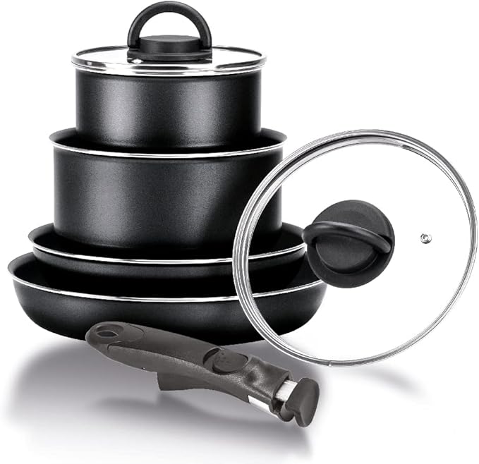 Moneta GEA Minispace Battery 6 Pieces with Removable Handle 100% Recycled Aluminium Also for Induction. Made in Italy
