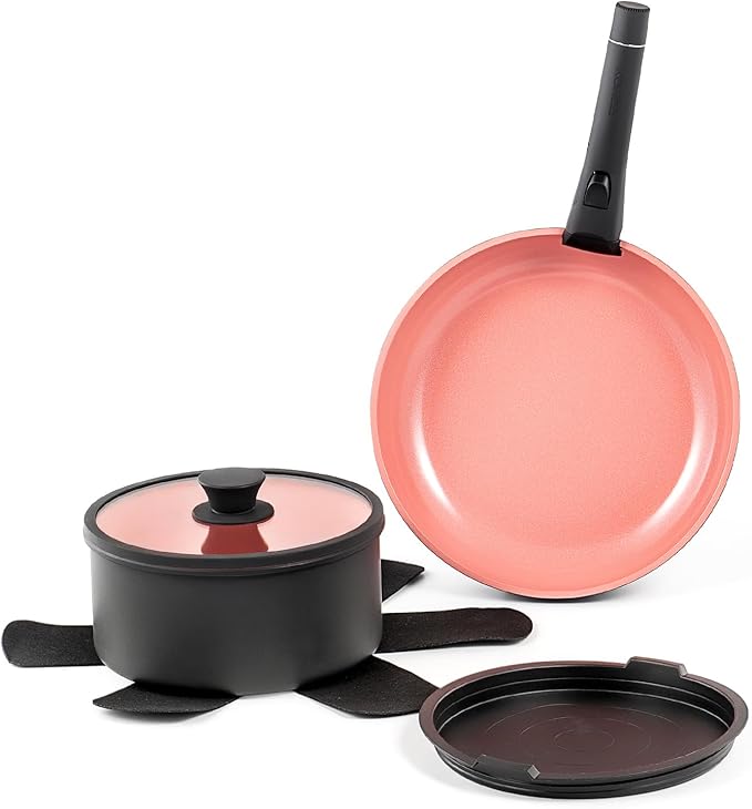 ROYDX Nonstick Pots and Pans Set Titanium Ceramics Cookware Set Pots and Pans with Removable Handles for RV Kitchen Oven &amp Dishwasher Safe Induction Compatible PFOA FreeSoft Peach