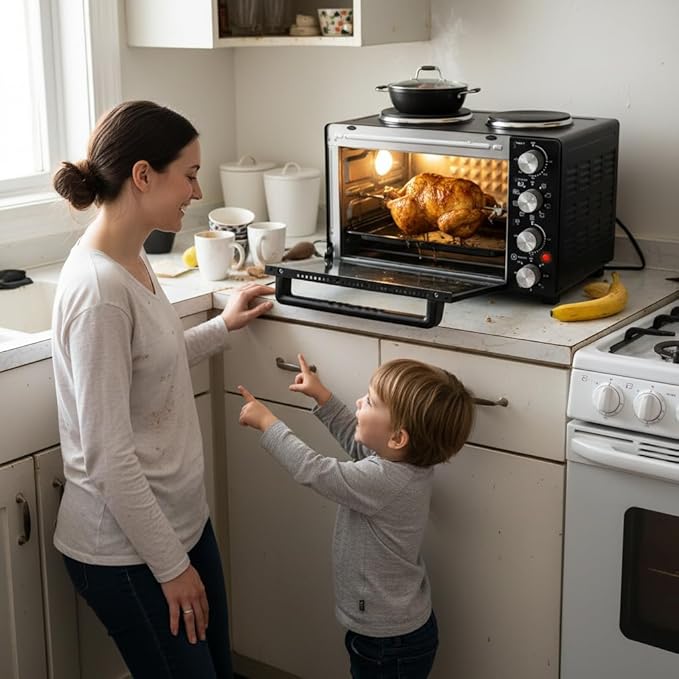 NutriChef 30 Quart Kitchen Convection Oven &amp 2 Burner Cooker - 1500 Watt Oven - 7 Cook Functions Rotisserie Cook Bake Broil &amp More - Includes Baking Tray Skewers &amp Handles - 19.6 x 16.