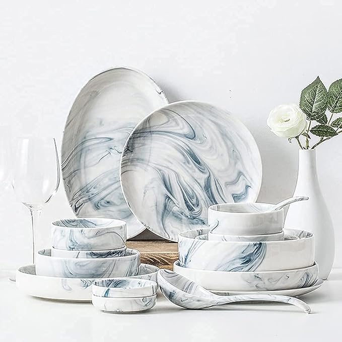 Classic Ceramic Dinnerware Sets – Nordic Creative Marble Pattern Plates &amp Bowls Dishwasher/Microwave Safe Available in 2/4/6/10-Piece Sets(Size:28Pcs)