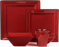 16 Piece Square Beaded Stoneware Dinnerware Set Red