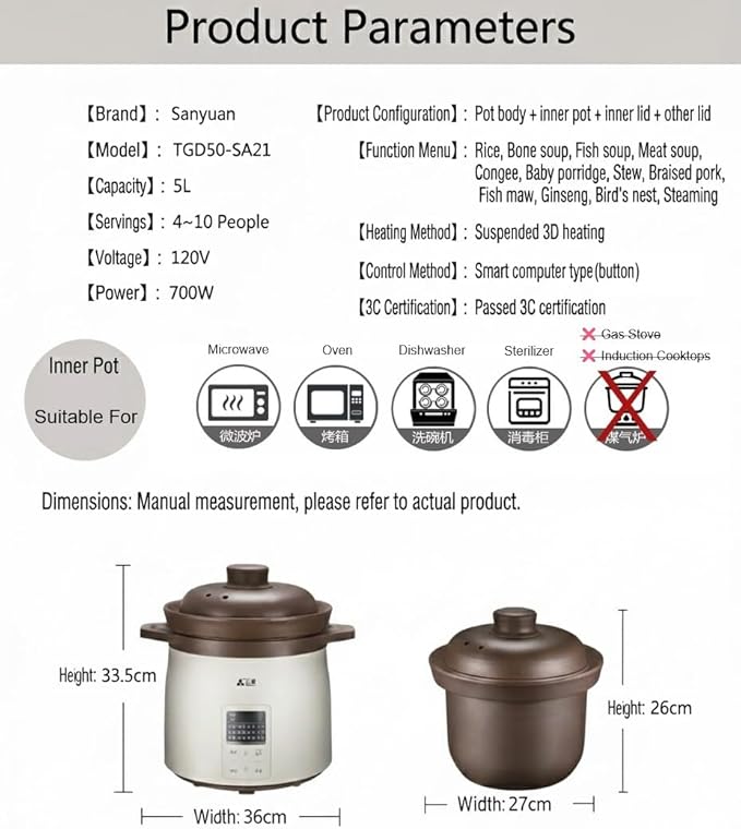 SanYuan 5L Ceramic Rice Cooker and Electric Stew Cooker 12-in-1 Smart Slow Cooker with Inner Clay Pot 700W 24H Timer &amp Keep Warm Baby Food Herbal Soup Maker – TGD50-SA21