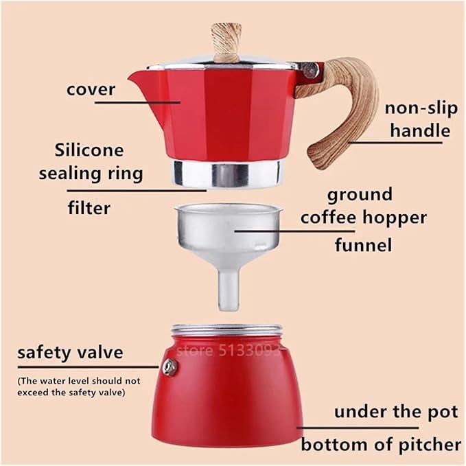 Aluminum Moka Pot For 3/6 Cups Portable Espresso Coffee Maker Machine Camping(Red)