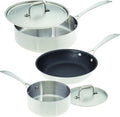 American Kitchen - Stainless Steel Cookware Set - 3 Pan Set with 2 Covers (5 Pieces) includes 8-inch Nonstick Fry Pan 10-inch Saute Pan 2-quart Saucepan Perfect for Small Kitchens Made In America
