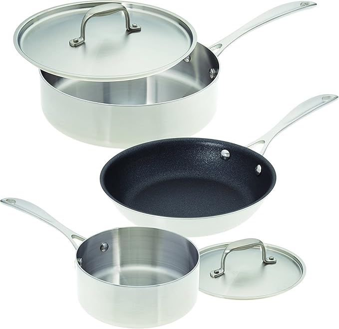 American Kitchen - Stainless Steel Cookware Set - 3 Pan Set with 2 Covers (5 Pieces) includes 8-inch Nonstick Fry Pan 10-inch Saute Pan 2-quart Saucepan Perfect for Small Kitchens Made In America