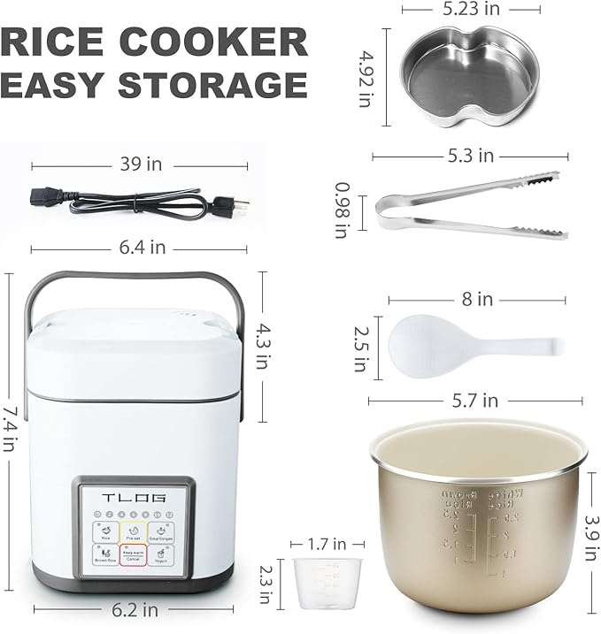 TLOG Mini Rice Cooker 2.5 Cups Uncooked Healthy Ceramic Coating Portable Cooker 1.2L Travel Small for 1-3 People Personal maker Food Steamer 12 Hours delay timer Multi-cooker Grains Oats