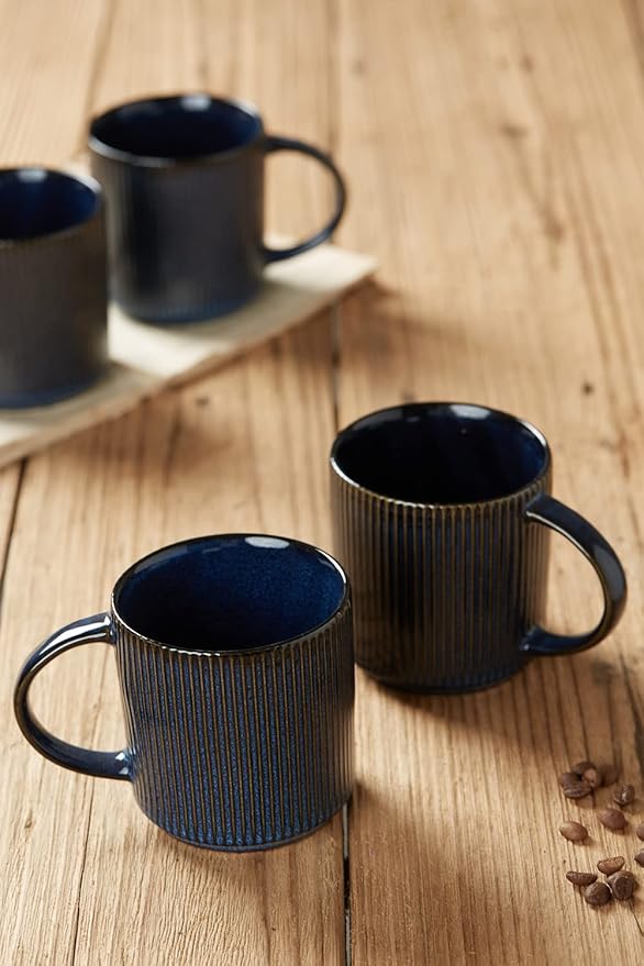 Famiware Dinnerware Set for 4 (12 Piece) and 12oz Mug Set and 3oz Espresso Cups and Saucers Set- Star Stoneware Dishes - Nebulas Blue