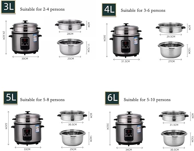 Stainless Steel Rice Cooker Double-Bottomed Food Grade Interior Liner Household Rice Cooker (Color : 4L)