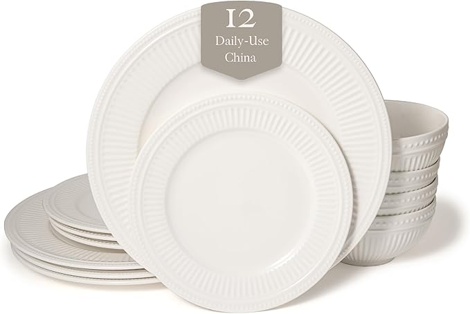 New Bone China 12 Piece Dinnerware Set Santorini Collection (Bloom) White Daily Use China Embossed Tableware Service for 4