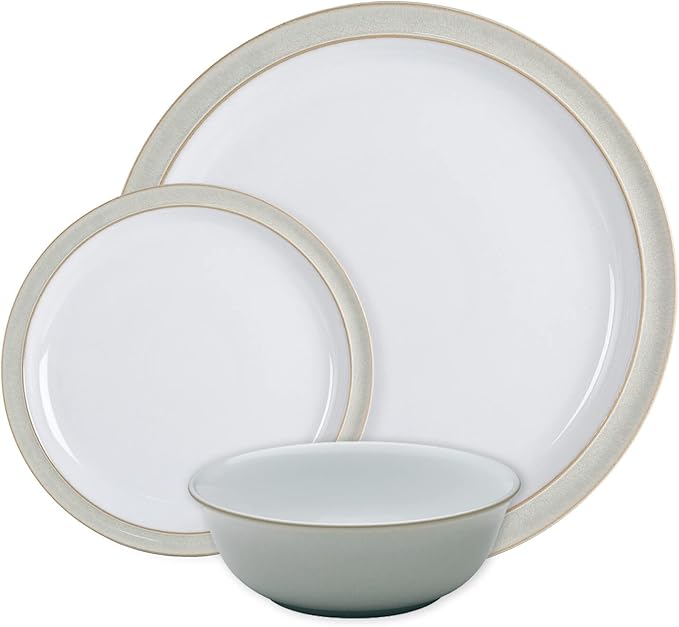 Denby - Linen Cream White Dinner Set for 4-12 Piece Ceramic Stoneware Tableware Plate &amp Bowl Set - Dishwasher Microwave Safe Crockery - Includes 4 x Dinner Plates Small Plates Cereal Bowls