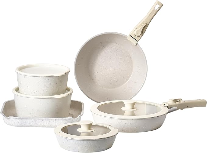 Happybuy 17-Piece Nonstick Cookware Set with Detachable Handles – Space-Saving Induction-Compatible Kitchen Kit for RVs Ovens &amp All Stovetops Includes Frying Pans Saucepans &amp Glass Lids (Wh