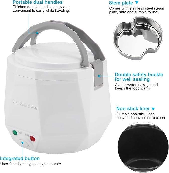 24V 1.6L Multifunctional Electric Rice Cooker Mini Travel Food Steamer Portable Meal Heater Food Warmer for Both Home And Trucks To Cook Rice Porridge Nutritious Eggs Warm Dishes (White)
