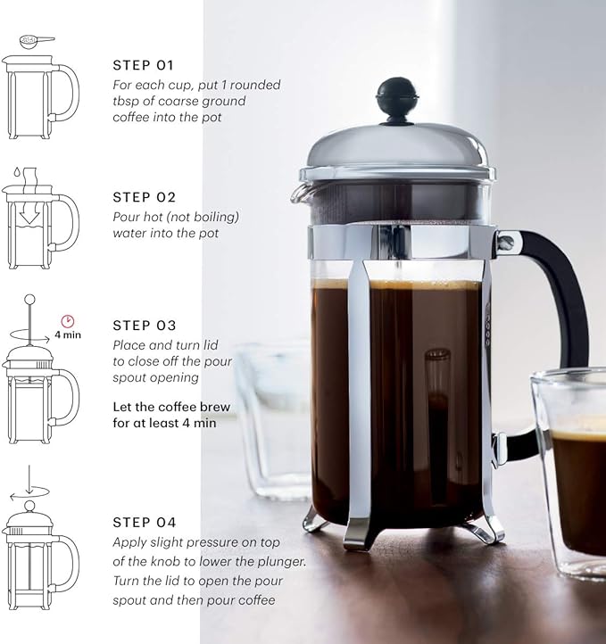 Bodum 34oz Chambord French Press Coffee Maker High-Heat Borosilicate Glass Stainless Steel White – Made in Portugal